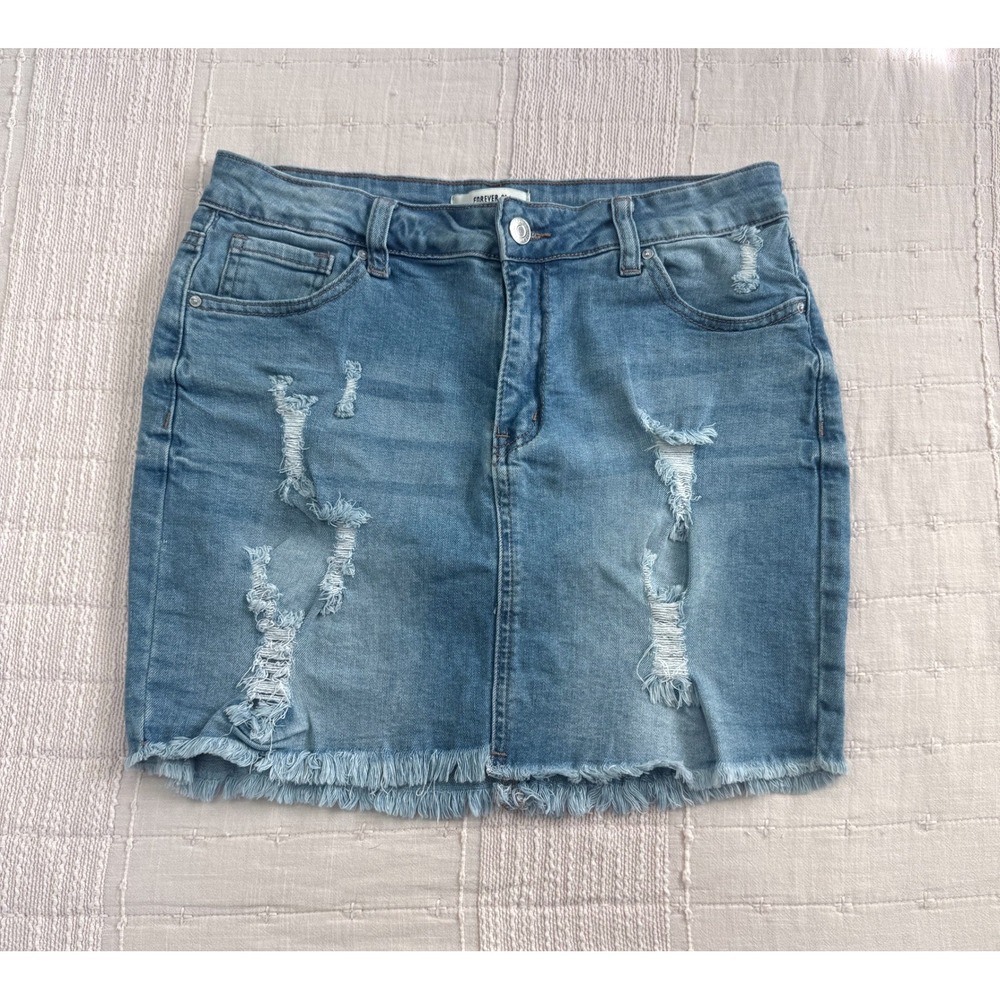 Forever 21 Denim Skirt Womens L Blue Distressed Frayed Hem Mini